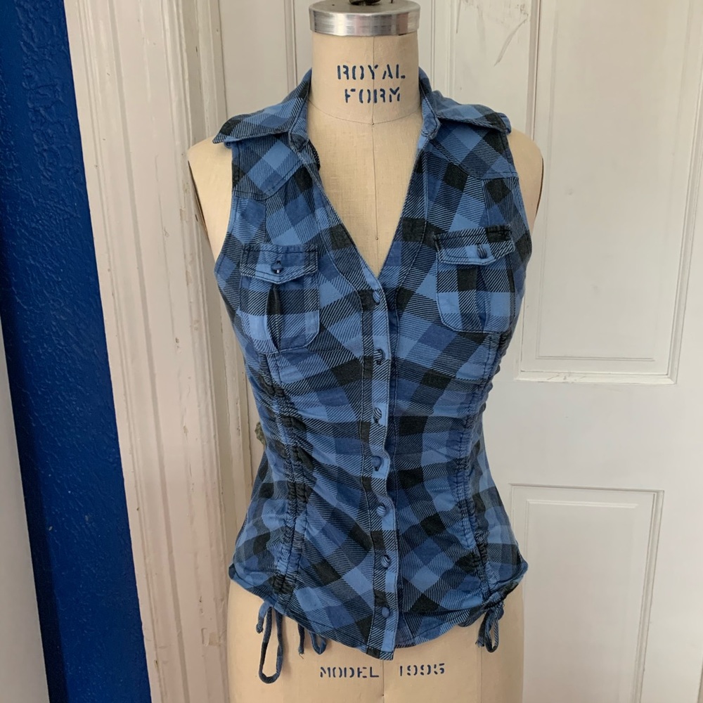 Blue Plaid Sleeveless Button Down Top